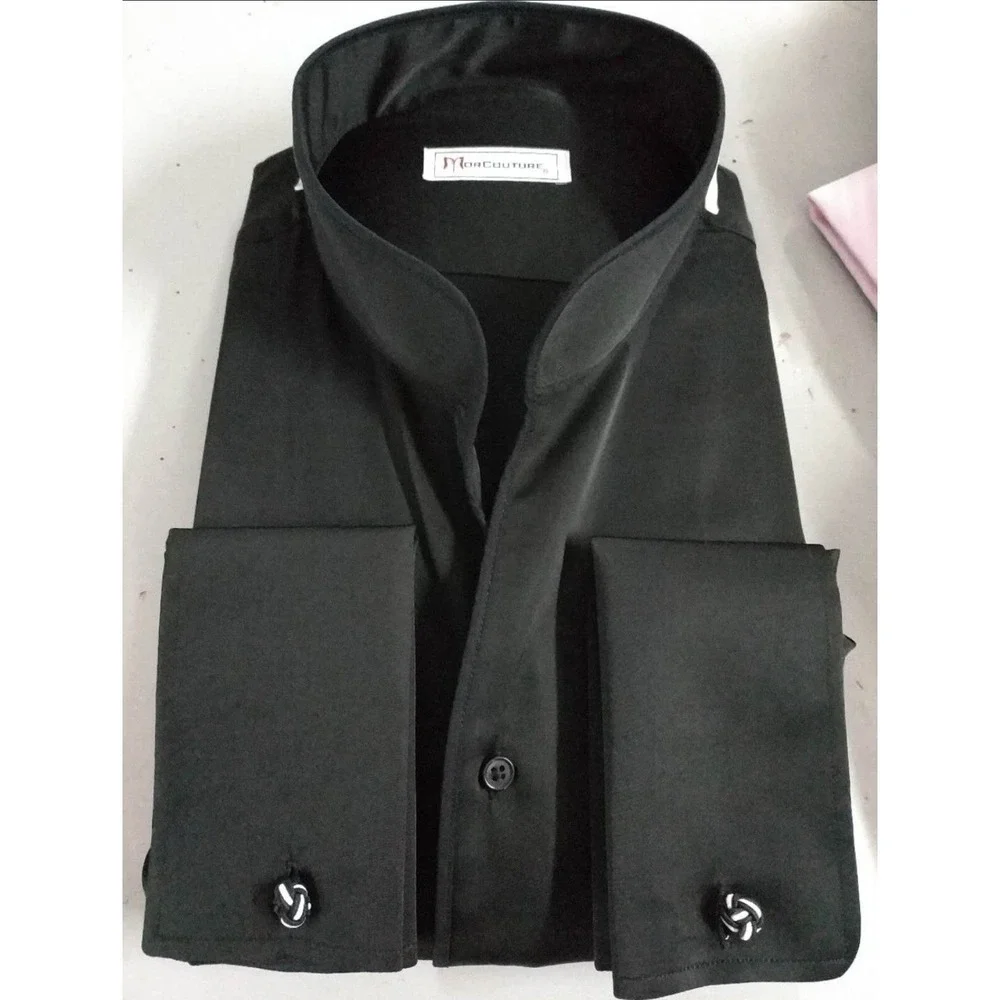 Morcouture Mens Royal Blue‎ High Collar French Cuff Dress Shirt Hidden Placket